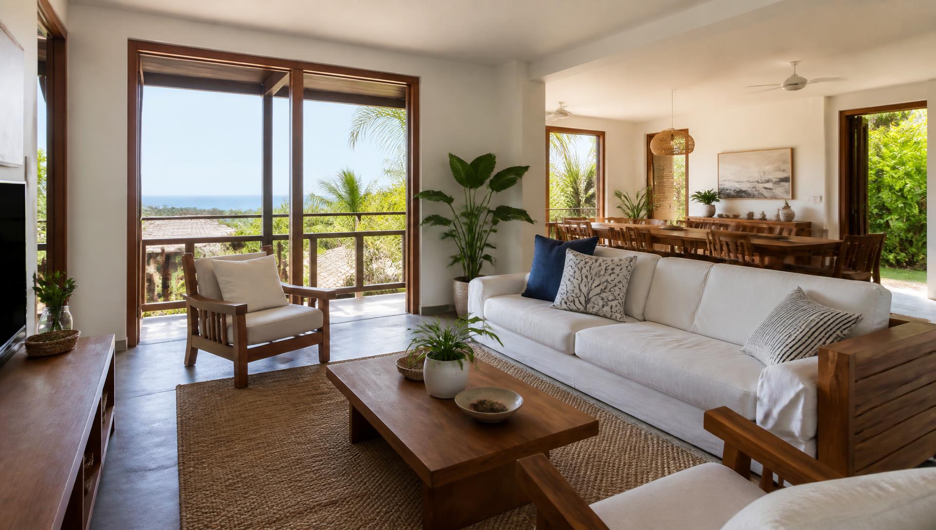 Sala de estar clara de uma casa na Região dos Lagos, com móveis de madeira e vista para o mar